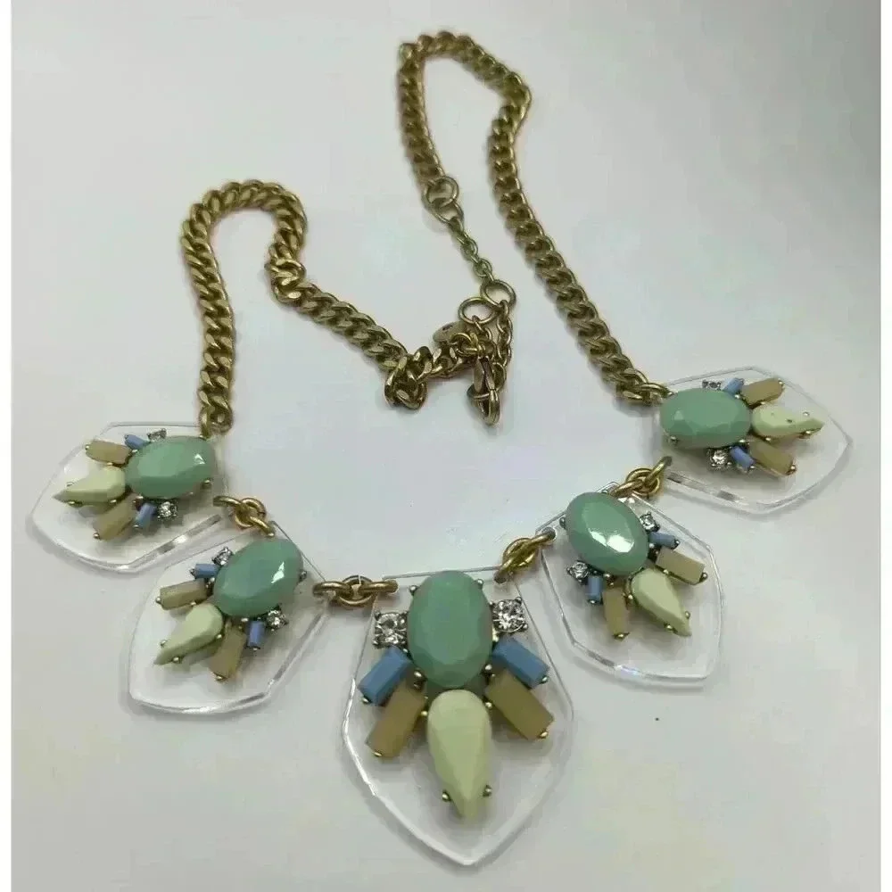 J Crew Goldtone Necklace Sage Green Baby Blue Clear Acrylic transparent
